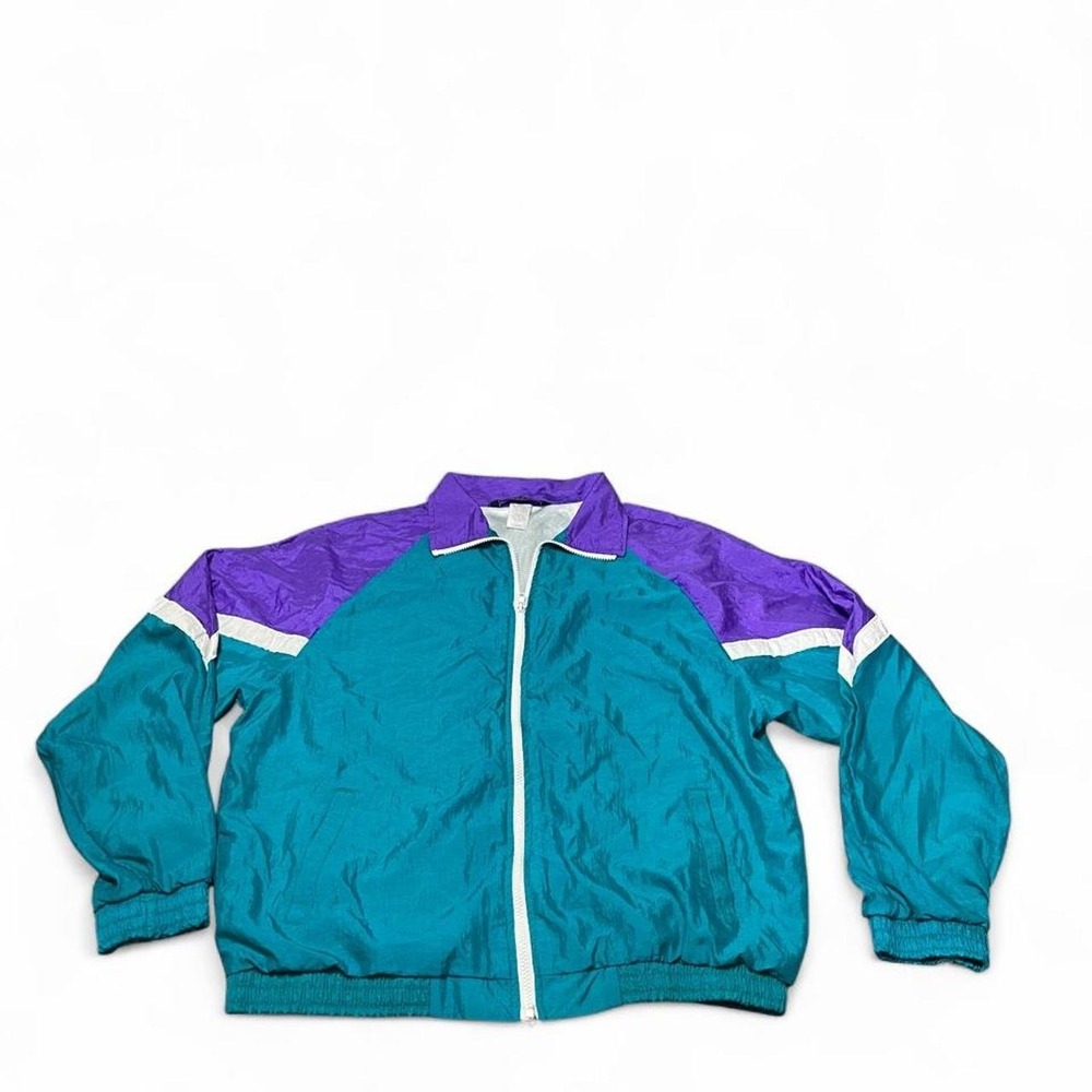 Hilton vintage 80s teal and purple nylon windbreaker jacket with white stripes